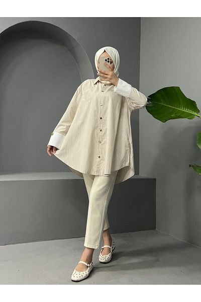 Modamorfo Metal Buttoned Belted Striped Tunic -Beige