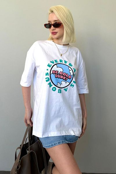 Madmext Weißes bedrucktes Oversize-T-Shirt für Damen Mg948