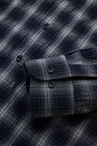 W Collection Dark Blue Long Sleeve Plaid Cotton Elastane Shirt