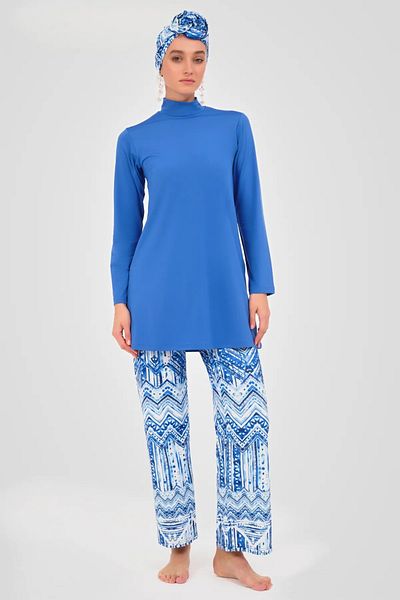 Bordomix 24605 Women's Blue Patterned Stylish Hijab Swimsuit