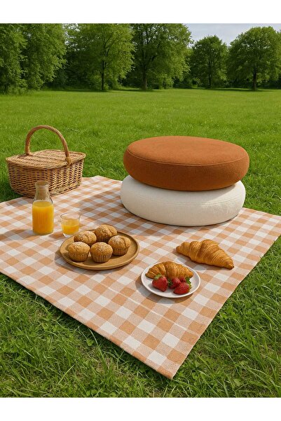 schane home Yuvarlak BEYAZ&TURUNCU YerMinderi 55 cm FERMUARLI Konforlu Oturum Yumuşak Kumaş İÇ VE DIŞ KULLANIM