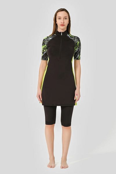 Bordomix 24710 Women's Green Detailed Zipper Closure Short Sleeve Semi-Covered Swimsuit
