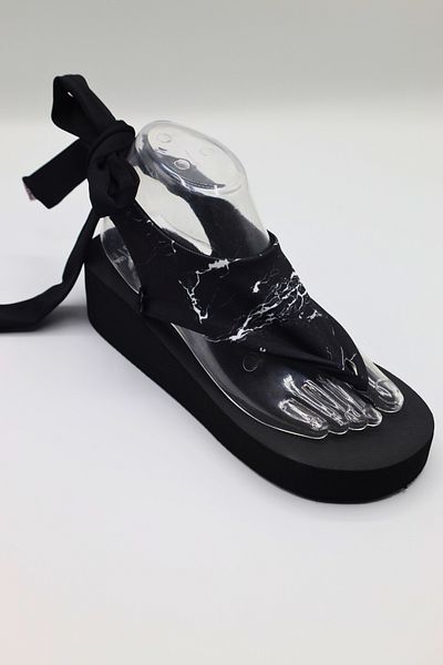 CATCHY Top-Changing Women's Sandals - Black Thick Sole Marble Pattern with Laces