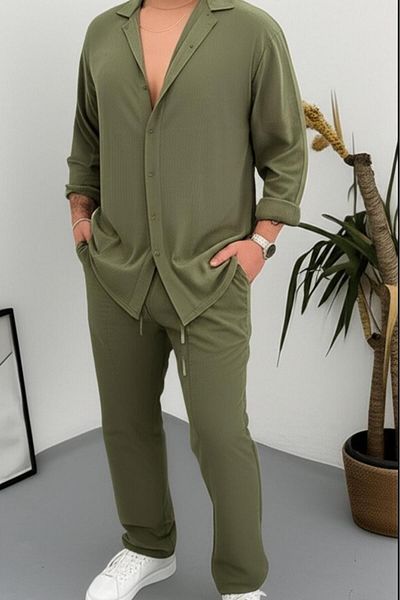 NO 601 Men's Green Wrinkled Shirt Green Pantalon Suit