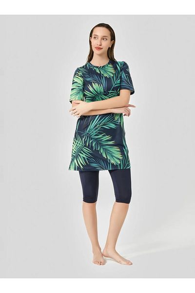 Bordomix 24712 Women's Navy Blue Leaf Patterned Short Sleeve Semi-Covered Swimsuit