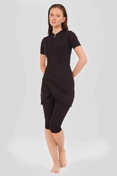 Bordomix 24701 Women's Black Wrap Skirt Look Short Sleeve Semi Covered Swimsuit