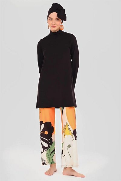 Bordomix 24601 Women's Black Orange Patterned Stylish Hijab Swimsuit