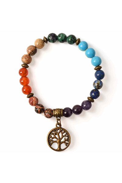 craftmystic Bratara Elastica cu Pietre Naturale pentru Cele 7 Chakre si Pandantiv cu Arborele Vietii