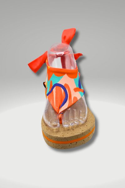 CATCHY Top-Changing Women's Sandals - Thick Wooden Sole Orange Patterned with Laces