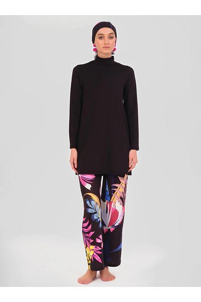 Bordomix 24613 Women's Black Floral Patterned Stylish Hijab Swimsuit
