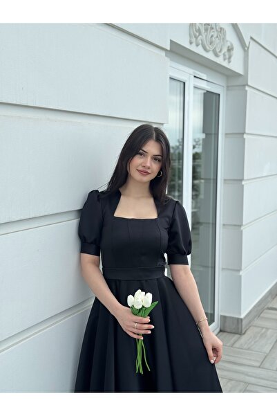 essolaria MİRA Kadın Siyah Dikiş Detaylı Modern Elbise/Abiye