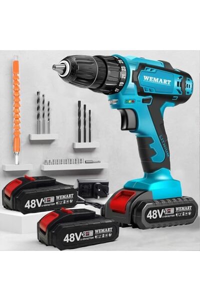 Wemart Cordless Electric Drill 48V 27 Pieces with Two Lithium-Ion Batteries, Charger, LED Light
