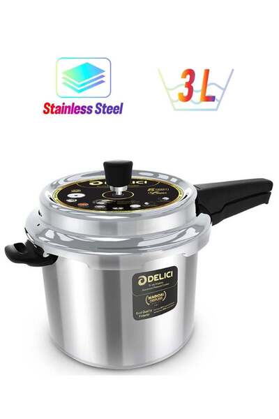 DELICI طنجرة ضغط بدون تنقيط سعة 3 لترات مصنوعة من الفولاذ المقاوم للصدأ ثلاثي الطبقات، آمنة، سريعة التسخين