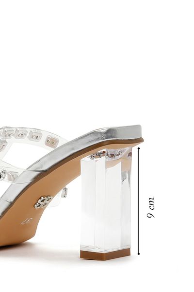 Derimod Papuci de damă cu toc gros transparent de culoare argintie - 24sfd 442614