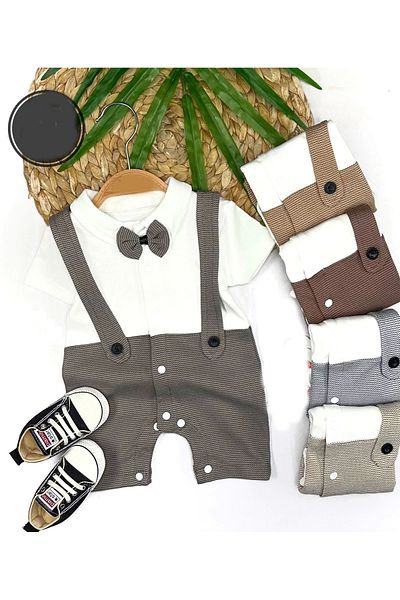 Ecenaz 3-6-9-12 Months Bow Tie Detailed Striped Salopet Look Baby Boy Jumpsuit