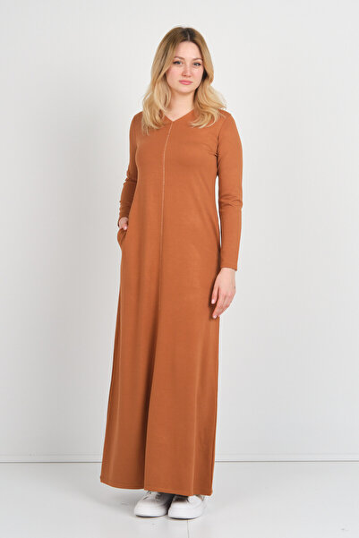 Sistas Women's V-Neck Double Pocket Slim Stripe Detailed Maxi Dress 23813 Camel