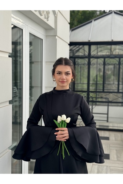 essolaria MİORA Kadın Siyah Kolları Volanlı Tesettür Elbise/Abiye