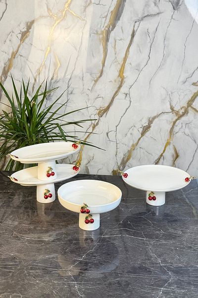 MAY HOME Cherry Figured Porcelain Footed Presentation Plate & Cake Cookie Appetizer Serving Stand