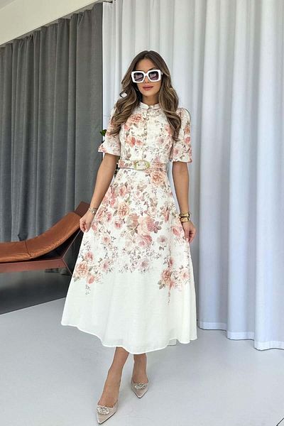 Mine Tan Butik Gold Belted Flower Pattern Long Dress - Ecru