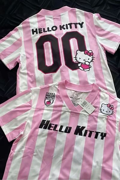 Touz Moda Μπλουζάκι Jersey Kitty με ροζ και λευκό λαιμόκοψη