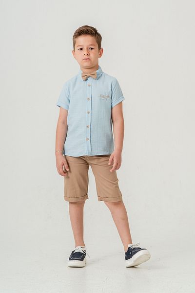 Esterella Boy's Muslin Suit / Short Sleeve Shirt Collar Bow Tie Suit / Muslin Shirt - Shorts Suit