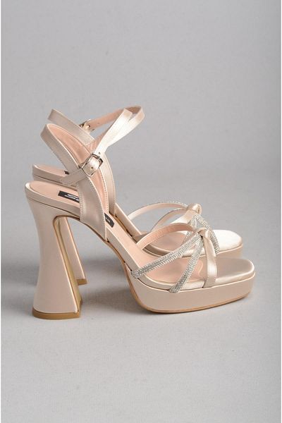 SEÇ KUNDURA SEÇ 8158 PANTOF DE ROCHIE DE SEARĂ CU PLATFORMĂ DE PIATRĂ (Toc: 12 cm Platformă: 2,5 cm) SATIN NUD