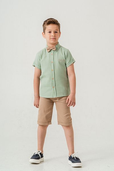 Esterella Boy's Muslin Suit / Short Sleeve Shirt Collar Bow Tie Suit / Muslin Shirt - Shorts Suit