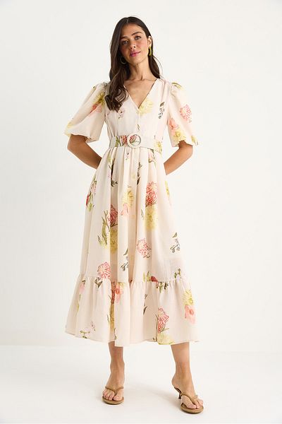 Bianco Lucci Rochie de damă cu decolteu în V, cu mâneci pepene verde, cu curea, cu model floral, căptușită din viscoză, din in 3040 60283363