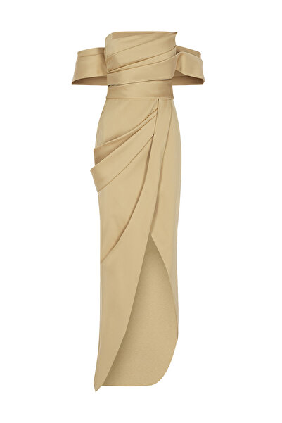 cercis Omuz Açık Drapeli Yırtmaç Detaylı Uzun Abiye Elbise