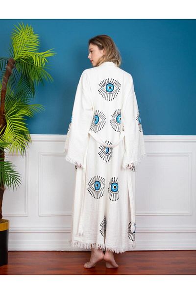 LaraLisa Collection Eye Figure Pattern Printed Muslin Kaftan Kimono Peshtemal Bathrobe (Size 120 cm)