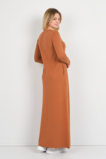 Sistas Women's V-Neck Double Pocket Slim Stripe Detailed Maxi Dress 23813 Camel