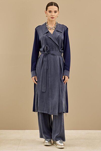 Tığ Triko Kumaş Kombinli Yanları Fermuarlı Uzun Triko Ceket LACİVERT