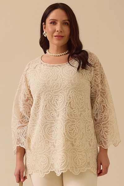 Gala-Xi Galaxi Γυναικεία Μπλούζα Plus Size Lace Detailed 4004 Cream