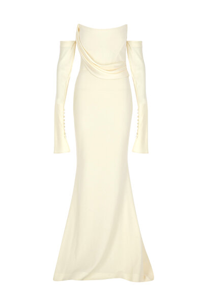 cercis Straplez Drapeli Eldiven Detaylı Uzun Abiye Elbise