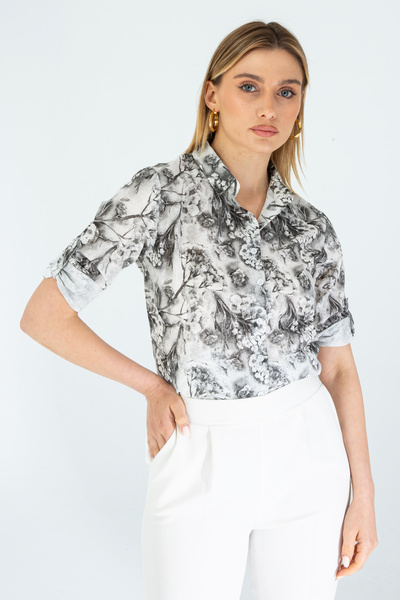 Nuevo Women's Black Patterned Sleeve Fold Linen Shirt