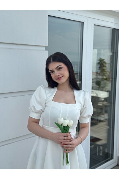 essolaria MİRA Kadın Beyaz Dikiş Detaylı Modern Elbise/Abiye