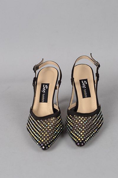 SEÇ KUNDURA Seç 609 - Pantofi cu toc din satin negru cu detaliu de piatră (10 cm)