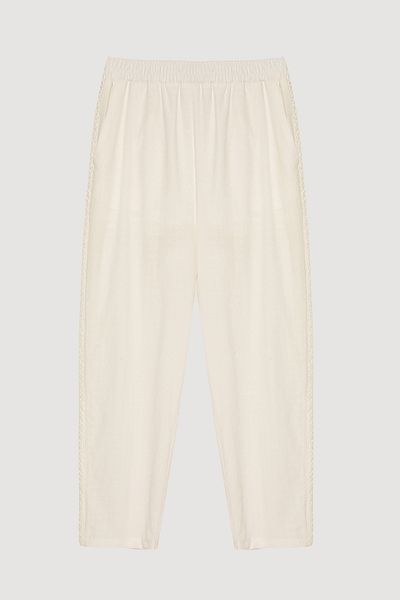 Quzu Lace Striped Carrot Trousers Ecru