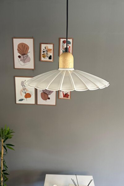 Bamyum Risso Beyaz Metal Büyük Avize Kalın Ahşap Kafa Başlık Tekli Cafe Mutfak Modern Sarkıt Aydınlatma