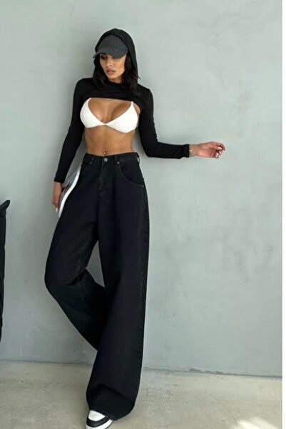 Tam12den Home Kadın Yüksek Bel Geniş Baggy Paça Jean Kot Pantolon Siyah