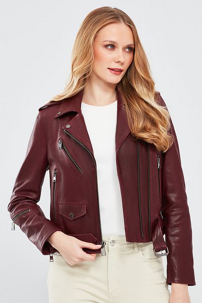 Derimod Claret Red Biker Leather Women's Jacket - London 23wgd5146ve