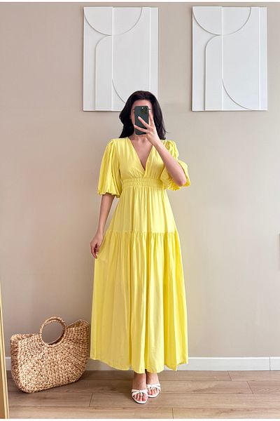 LOCH BUTİK Rochie maxi galbenă cu mânecă scurtă, cu decolteu în V