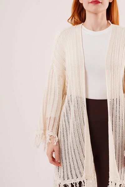 Silerra Tassel Detailed Perforated Model Cream Cardigan