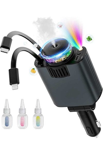 Generic 5 in 1 Car Charger with PD Port, 2 Built-in Cables for iPhone and Type-C Devices, Star Lights and Aroma Mist