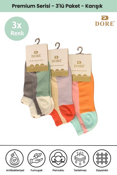 Dore Original Women's 3 Pairs Breathable Ultra Soft Comfort Model Sports Shoes Sneaker Colorful Booties Socks