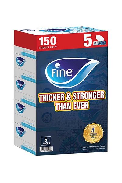 FINE Facial Tissue Boxes, 5 Box, 2 Ply x 150 Sheets White