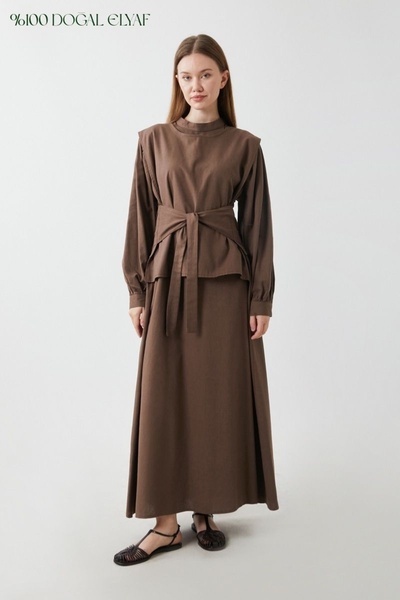 ZÜLAYS Yeleği Bağlamalı Elbise Takım Kahverengi