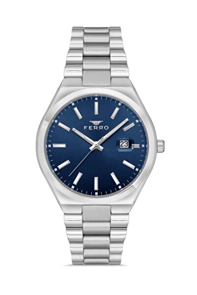 FERRO F11386A-A3 Quartz Steel Grey Navy Blue Dial 40 mm Men Wrist Watch