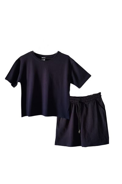 ModaDeniz Women's Navy Blue Pique Modal Fabric Shorts Bottom Top Set