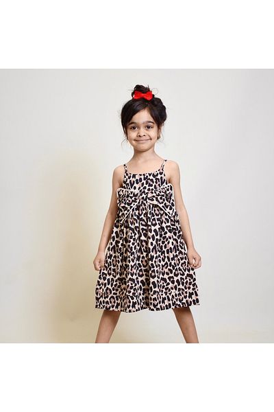 OZZY KİDS Girl's Ribbon Detailed Rope Strap Leopard Patterned Dress